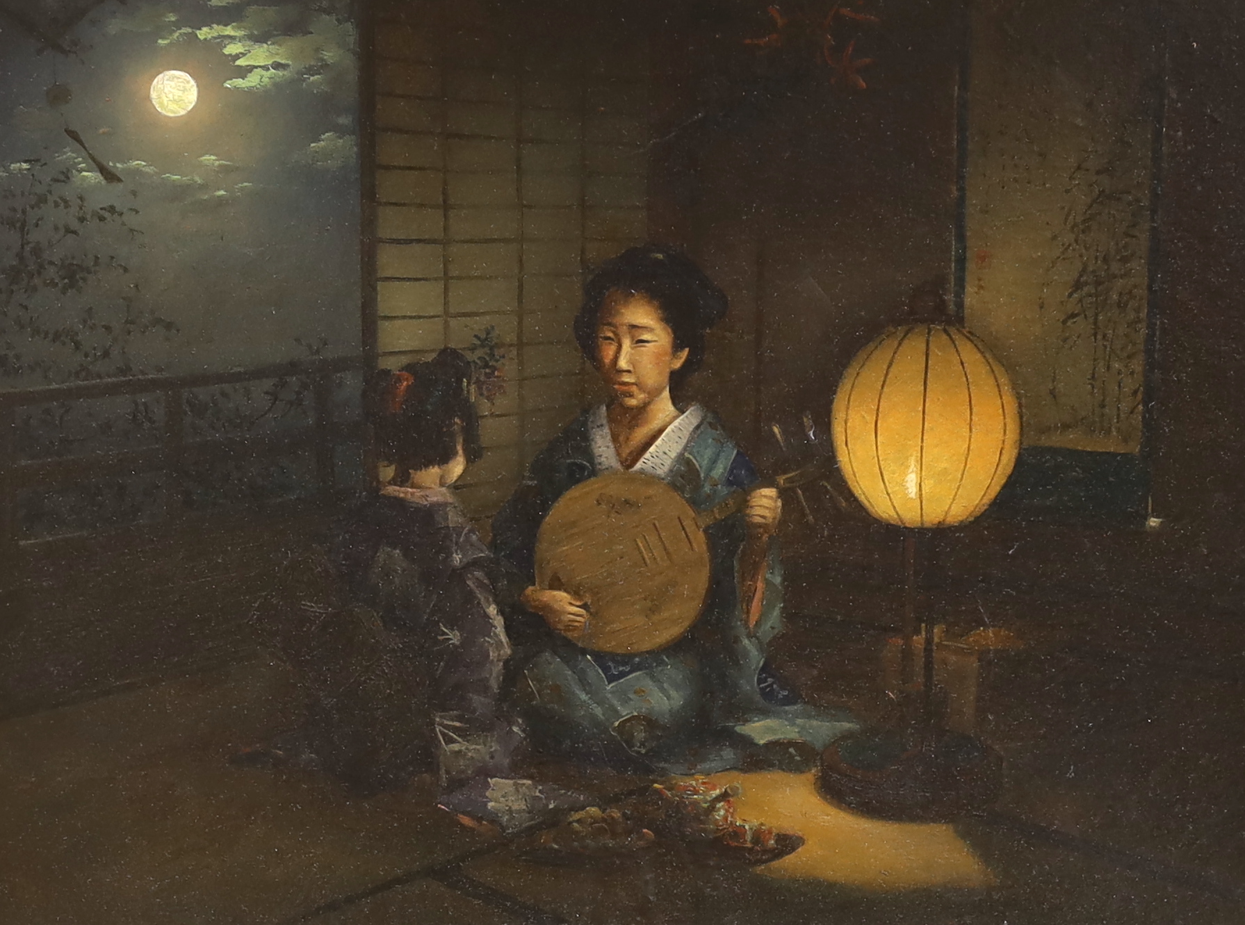 19th century English School, oil on canvas, Japanese interior with women, one playing a Biwa, pencil inscription verso, 